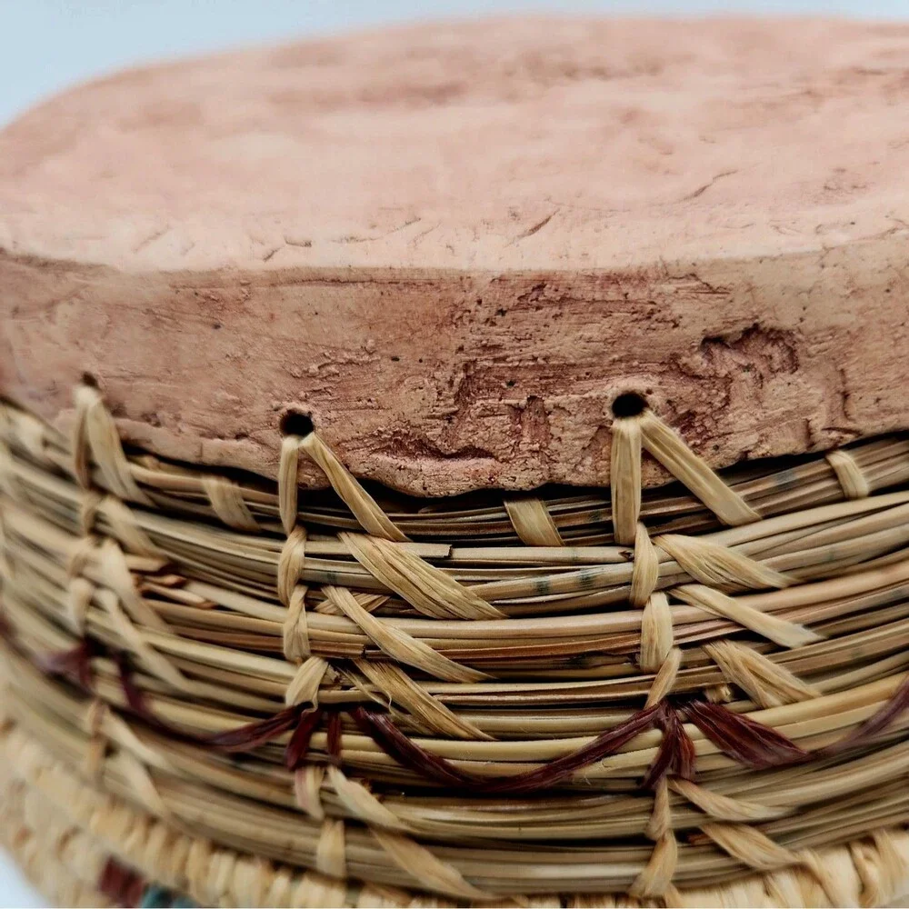 Vtg 2000 Joyce Wenker Handwoven Pine Needle Basket Kachina Clay Base Bowl Signed